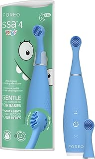 FOREO ISSA 4 Baby - Paquete de cepillo de dientes eléctrico sónico de silicona para bebés, cerdas de 2 lados, función de sonrisa divertida, masaje de encías, 12 meses de cuidado con cabezal de cepillo