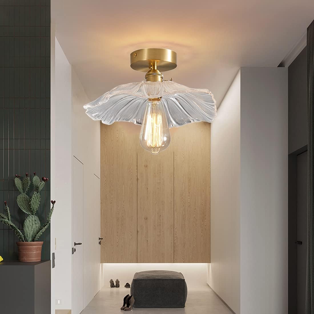 Brass Semi Flush Mount Ceiling Light with Glass Shade for Bedroom, Living, Dining Room, Kitchen