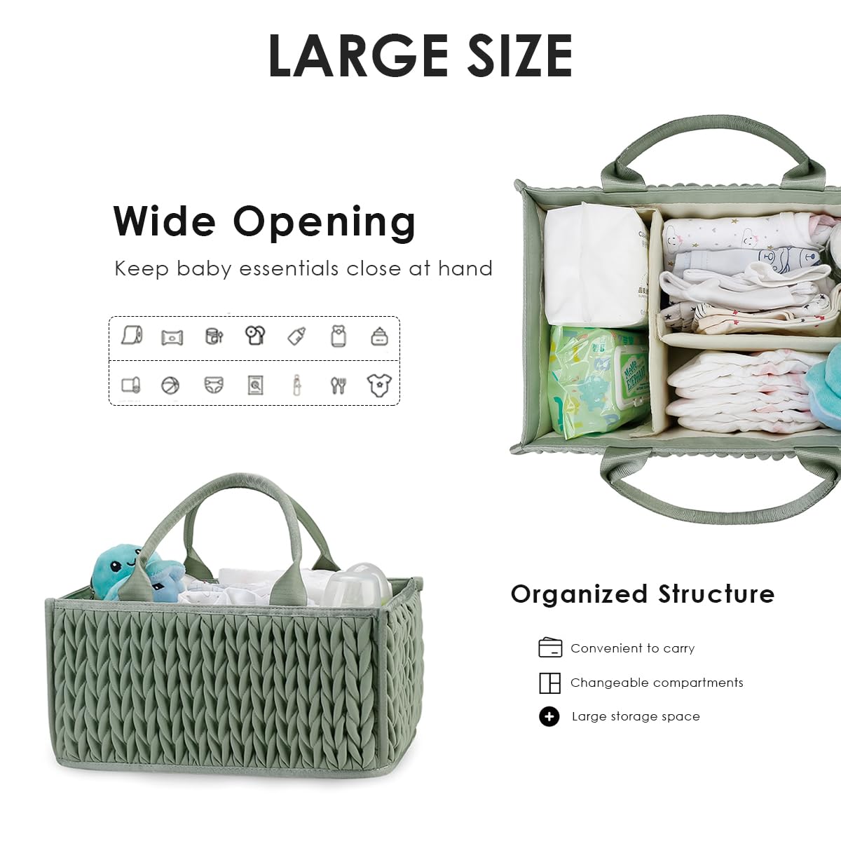 SONARIN Baby Windel Caddy Organizer,Tragbarer Baby Windel Organizer Aufbewahrungskorb für Babysachen Wickeltasche Organizer Windeltasche mit Herausnehmbaren Fächern(Grün)