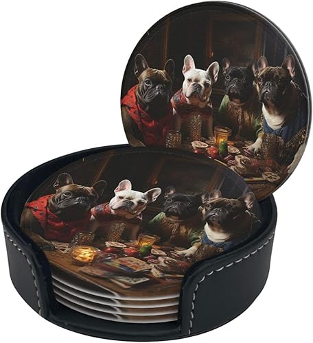Miniatura 3 de Juego de 6 posavasos divertidos de Bulldogs franceses para bebidas, juego de 6 posavasos de cuero con soporte, regalo para inauguración de la casa,