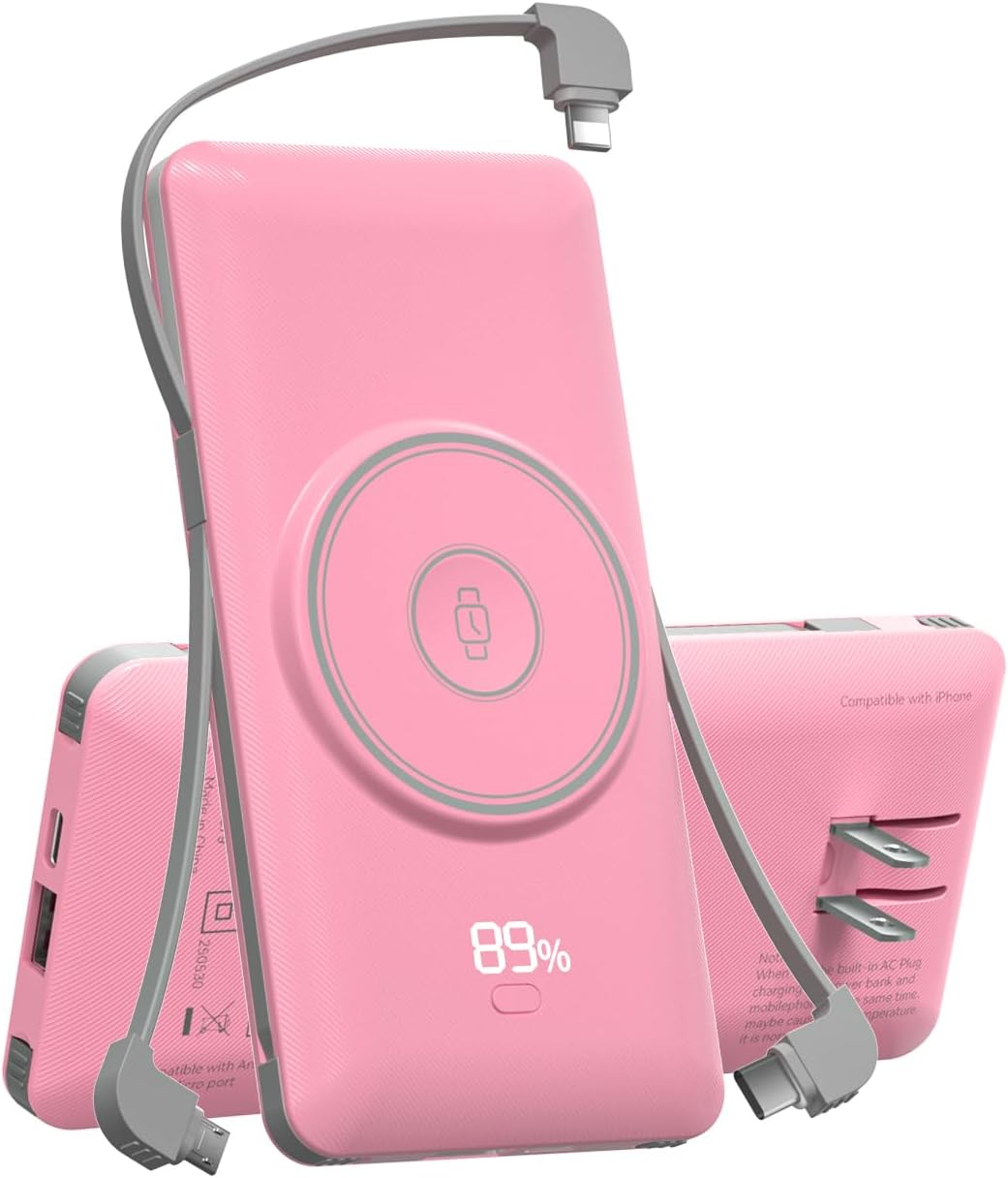 Magnetic 10000mAh Portable Charger for iWatch & iPhone, PD Fast Charging Wireless Power Bank Built-in Cables and Wall Plug, External Travel Battery Pack Compatible with iOS Android Phones