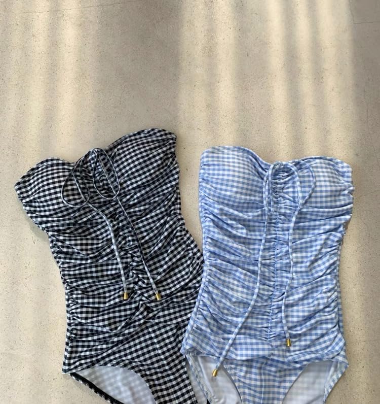 Women's One-Piece Swimsuits, Neck Strapless Monokini, Vintage Plaid Bathing Suit, Female Tummy Control Swimwear4