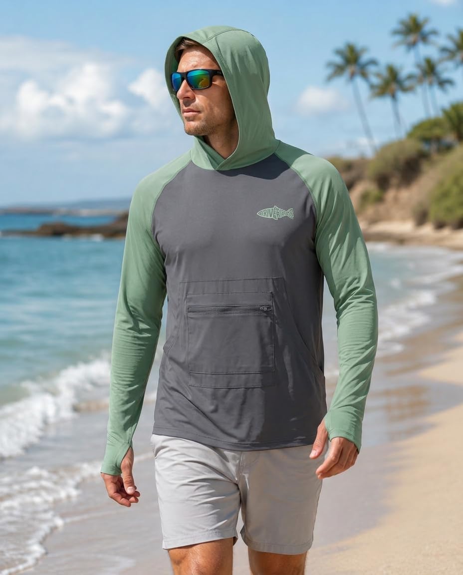Riverruns Men's Ice-Cool Silky Sun Protection Hoodie UPF 50+ Fishing Shirts, Long Sleeve Quick Dry UV Rash Guard