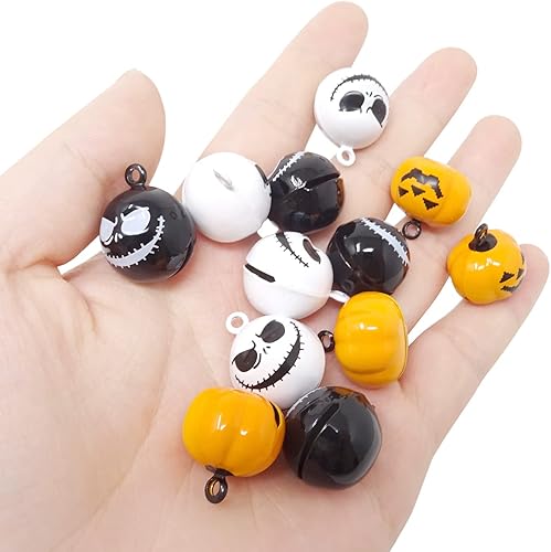 Miniatura 4 de Honbay 12 decoraciones de Halloween, campanas de calabaza, campanas de calavera fantasma, para árbol de Halloween, aretes, collar de mascotas,