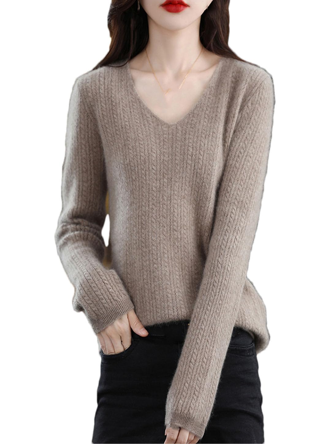 Vogrtcc Maglione da donna con scollo a V, a maniche lunghe, lavorato a maglia