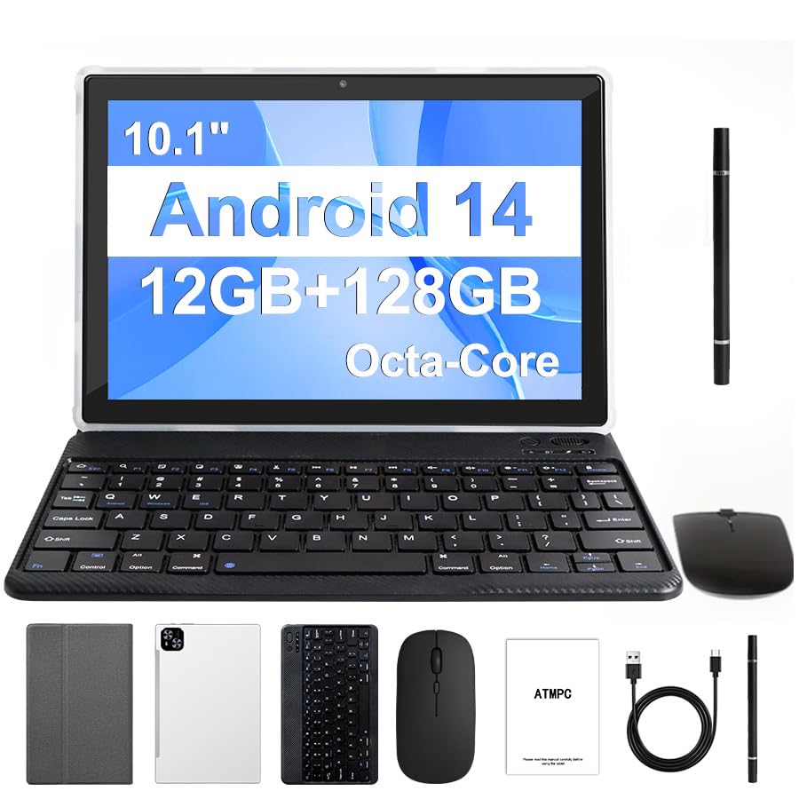Tableta ATMPC, tabletas Android 14 de 10 pulgadas, 12 GB de RAM, 128 GB de ROM, 1 TB expandible, tableta de ocho núcleos con teclado, mouse, lápiz óptico, 1280 * 800 IPS, batería de 6000 mAh, WiFi 6, BT 5.4, cámara dual