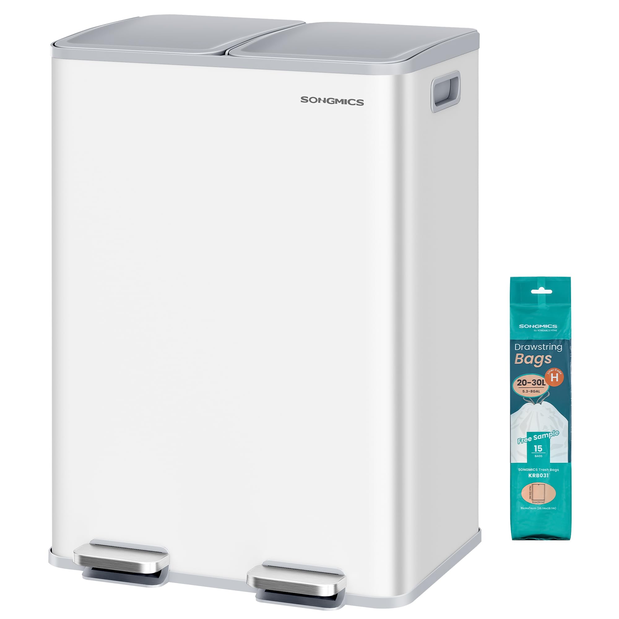 songmics trash can, 2 x 8 gallon (2 x 30 l) dual-compartment garbage can with soft-close lid, pedal and inner buckets, stainless steel, includes 15 liner bags, matte white ultb741w01