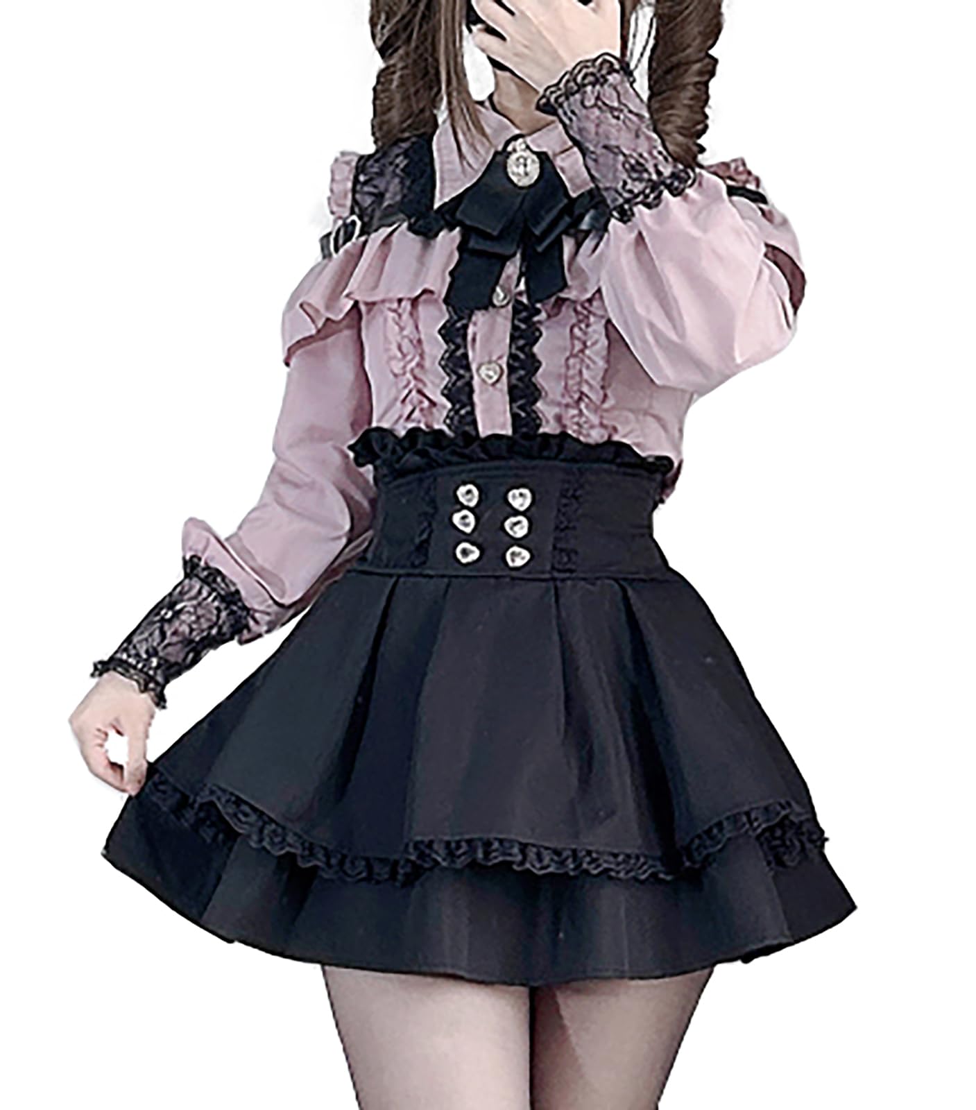 [ＸＨＳＵＫＡＤＯ] オープンショルダー ワンピース レディース 地雷系 ハートバックル リボン レース フリル 病みかわいい 量産型 長袖 服 ブラウス スカート セットアップ フレンチ ガーリー系 ファッション おしゃれ 春 夏 秋 冬 (JP, アルファベット, L, ピンク（3点セット）)