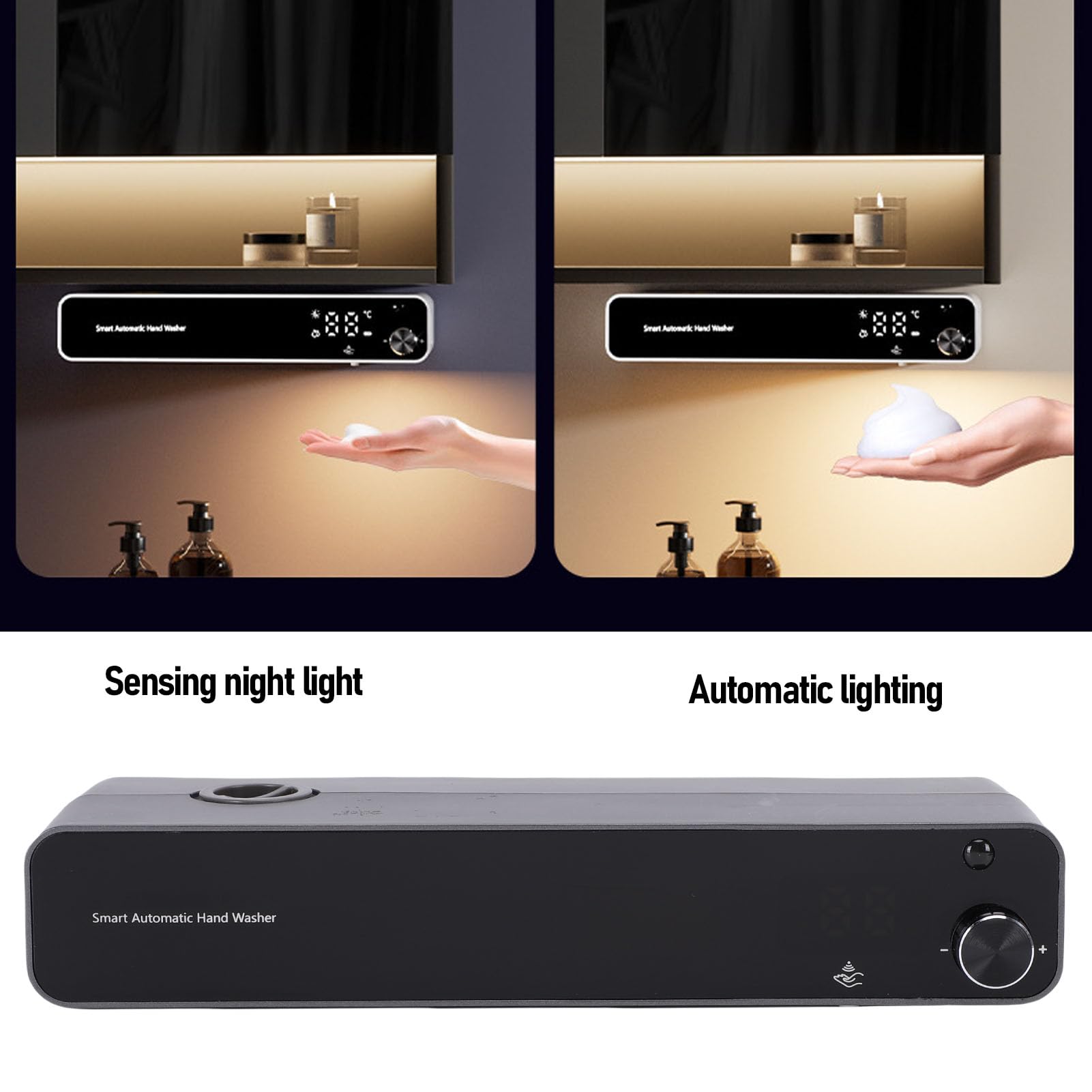 Asixxsix Dispensador Automático de Jabón en Espuma, Dispensador de Jabón de Manos Inteligente Ajustable de 10 Niveles con Sensor de Luz Nocturna y Medidor de Temperatura Interior,