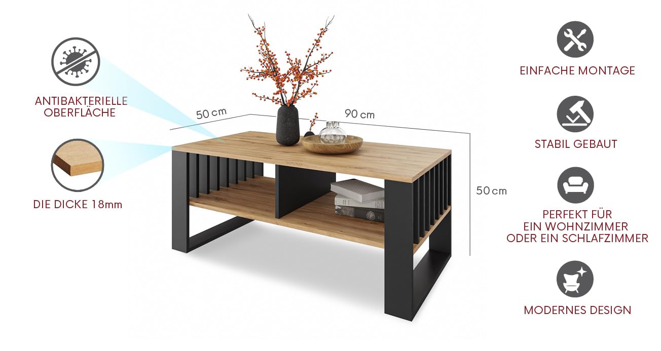 Meble Pitus - Mesa de Centro Moderna, con Espacio de Almacenamiento, 90 x 50 x 50 cm - Decoración Hogar - con Doble Estante Abierto - Muebles con Elementos laminares - Roble Eterno