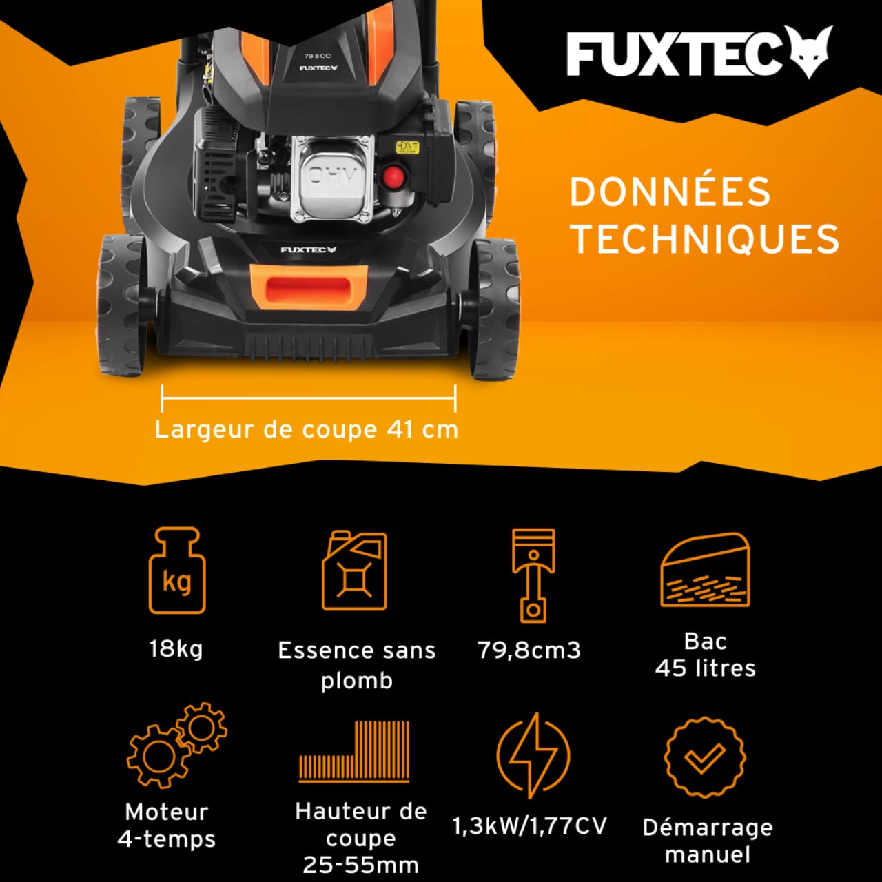 FUXTEC Tondeuse Thermique Poussée FX-RM4180 40,6cm 45L