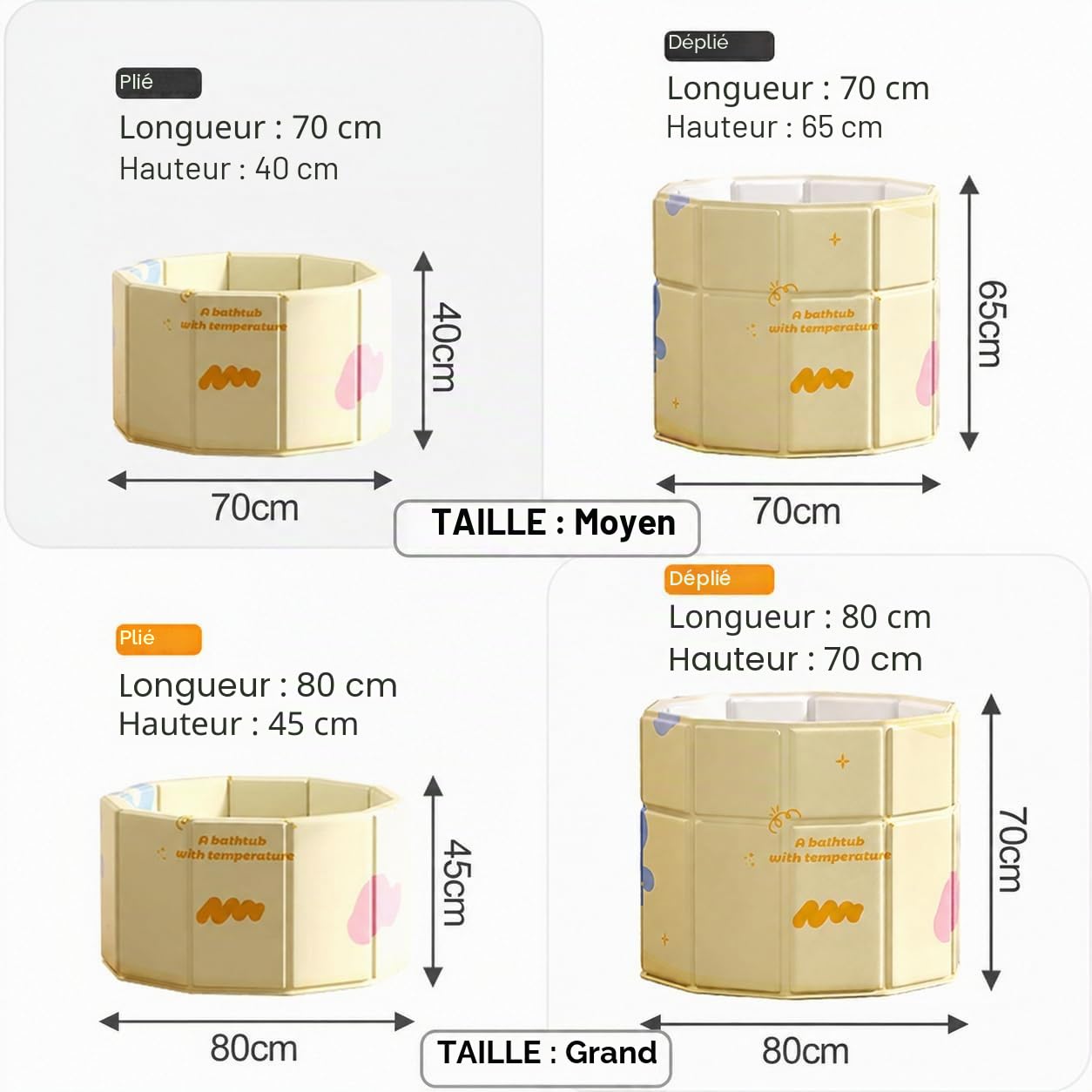 Baignoire pliable jaune 70 cm, entrée « Step-in » pour personnes âgées et enfants, pliable vers l'intérieur, baignoire à glace portable et bain chaude, baignoire portable pour adultes