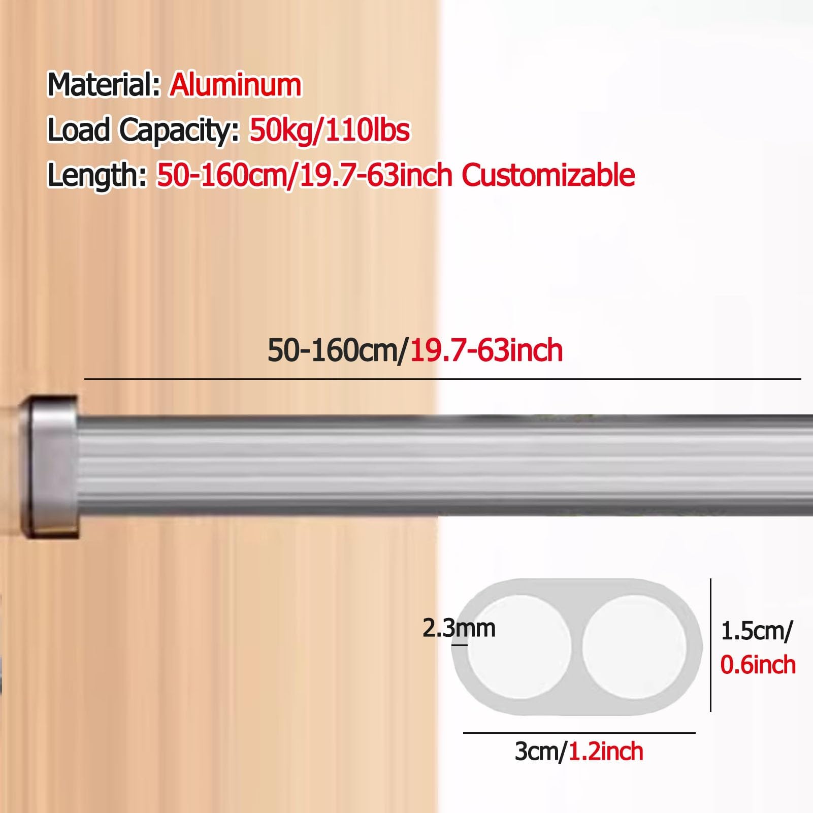 Schrankstange Schrankrohr Kleiderstange Anpassbar & Zuschneidbar Stangen Für Kleiderschränke Zum Aufhängen Von Kleidung, 20 28 43 51 59 63 Zoll Lang Aluminium Kleiderbügelstange(Gold,L 60cm/23.6inch)