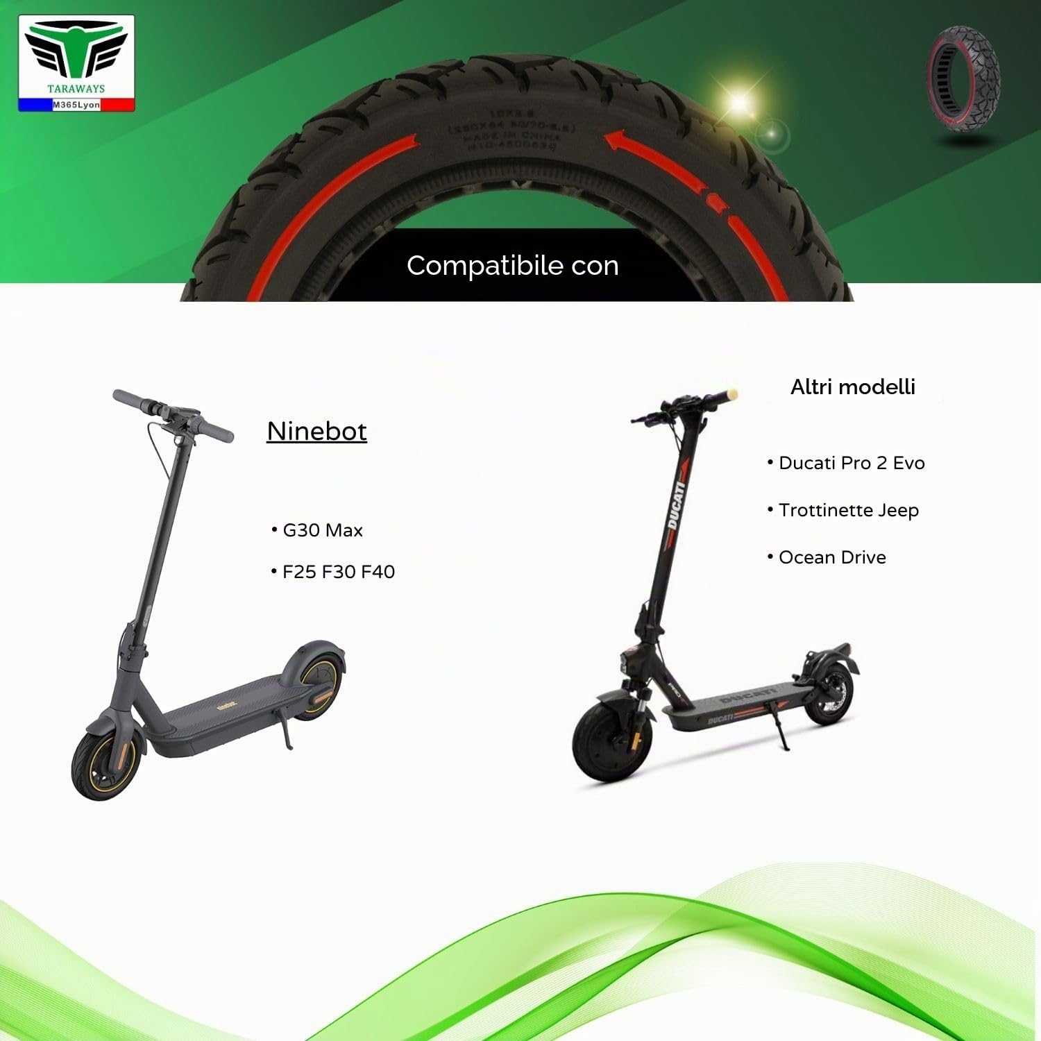 [M365Lyon] Pneumatico completo anti-foratura 10 x 2,5 per Ninebot G30 Max e F25 F30 F40 - Monopattino Jeep, Ducati Pro 2 Evo, Ocean Drive