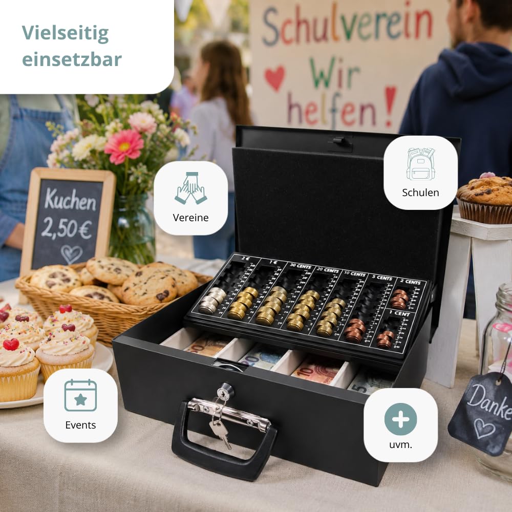 hjh OFFICE Geldkassette SAFE I – Abschließbare Stahl-Geldkassette mit Euro-Münzbrett, Banknotenfächern und Tragegriffen, für Bargeld, 35,5 x 27,5 x 10,5 cm