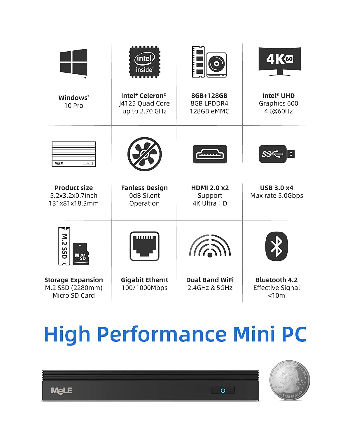 Buy MeLE Quieter2Q Fanless Mini PC Windows 11 pro Celeron J4125 8GB ...