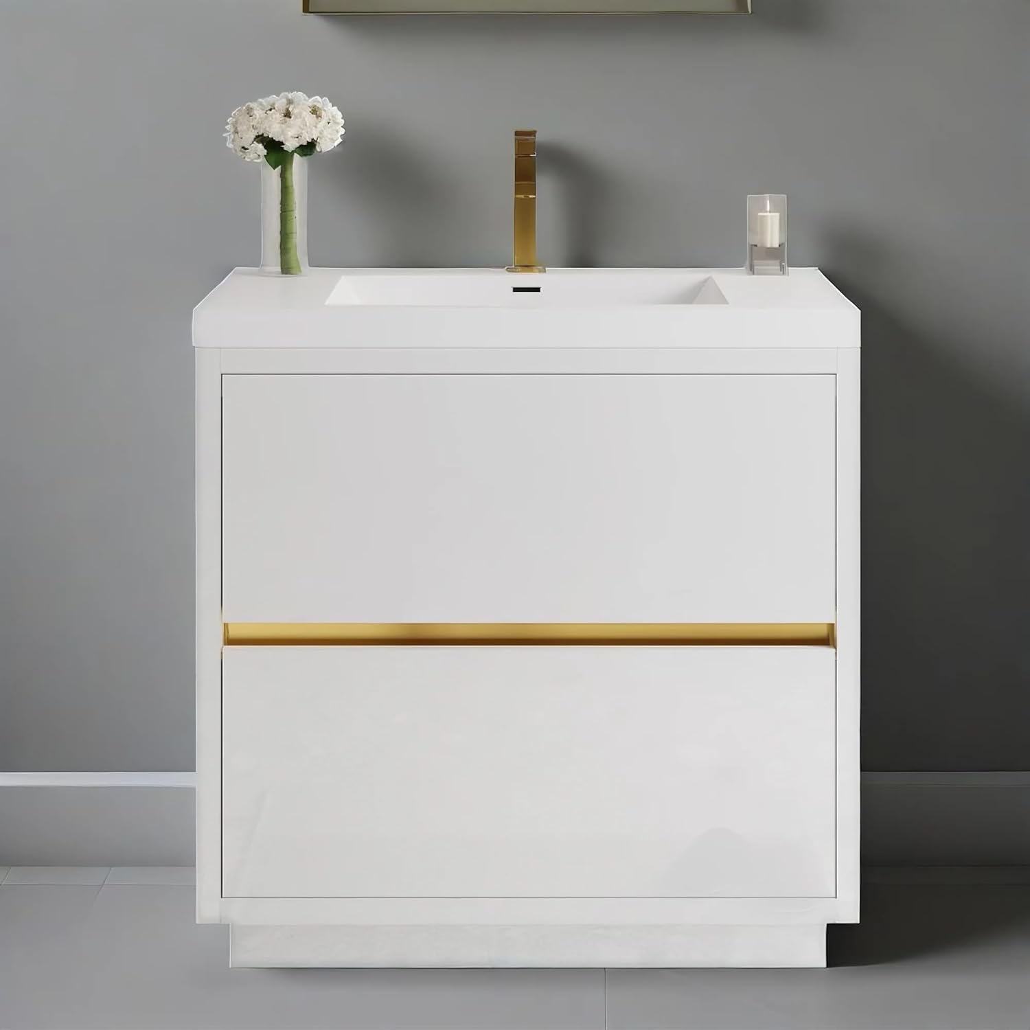 Floating Vanity with Sink, 36 Inch Bathroom Vanity with Sink, Pre-assembled Wall Mount Vanity with 2 Soft-Close Drawers, Hidden Handle Design, Ample Storage Space, Sturdy Constructure, Light Burlywood