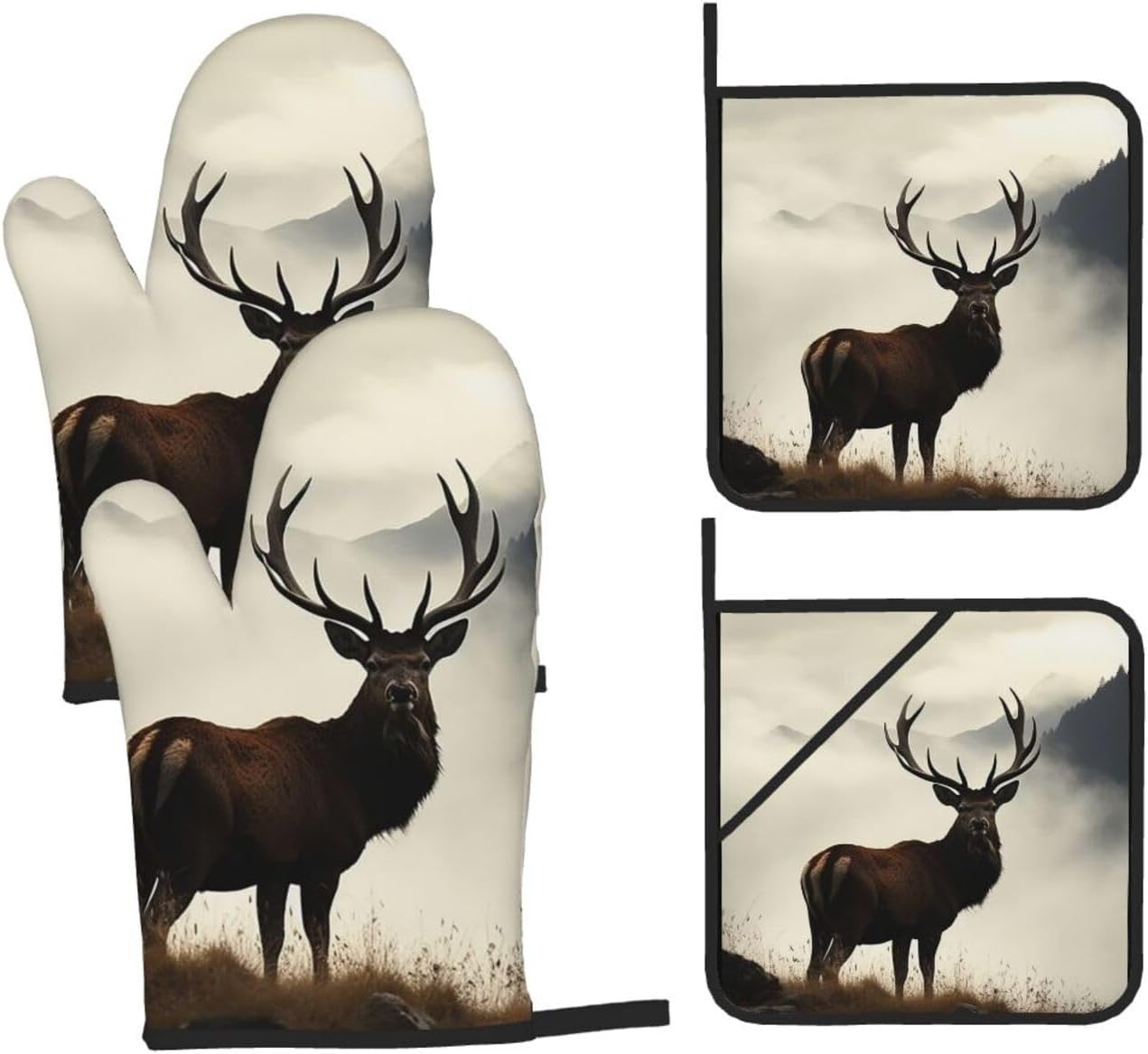 Oven Mitts and Pot Holders 4 pcs Set Heat Resistant Oven Glove Deer on The Foggy Mountain Potholders Oven Gloves for Cooking Non-Slip Silicone Oven Mittens Hot Pad for Baking BBQ