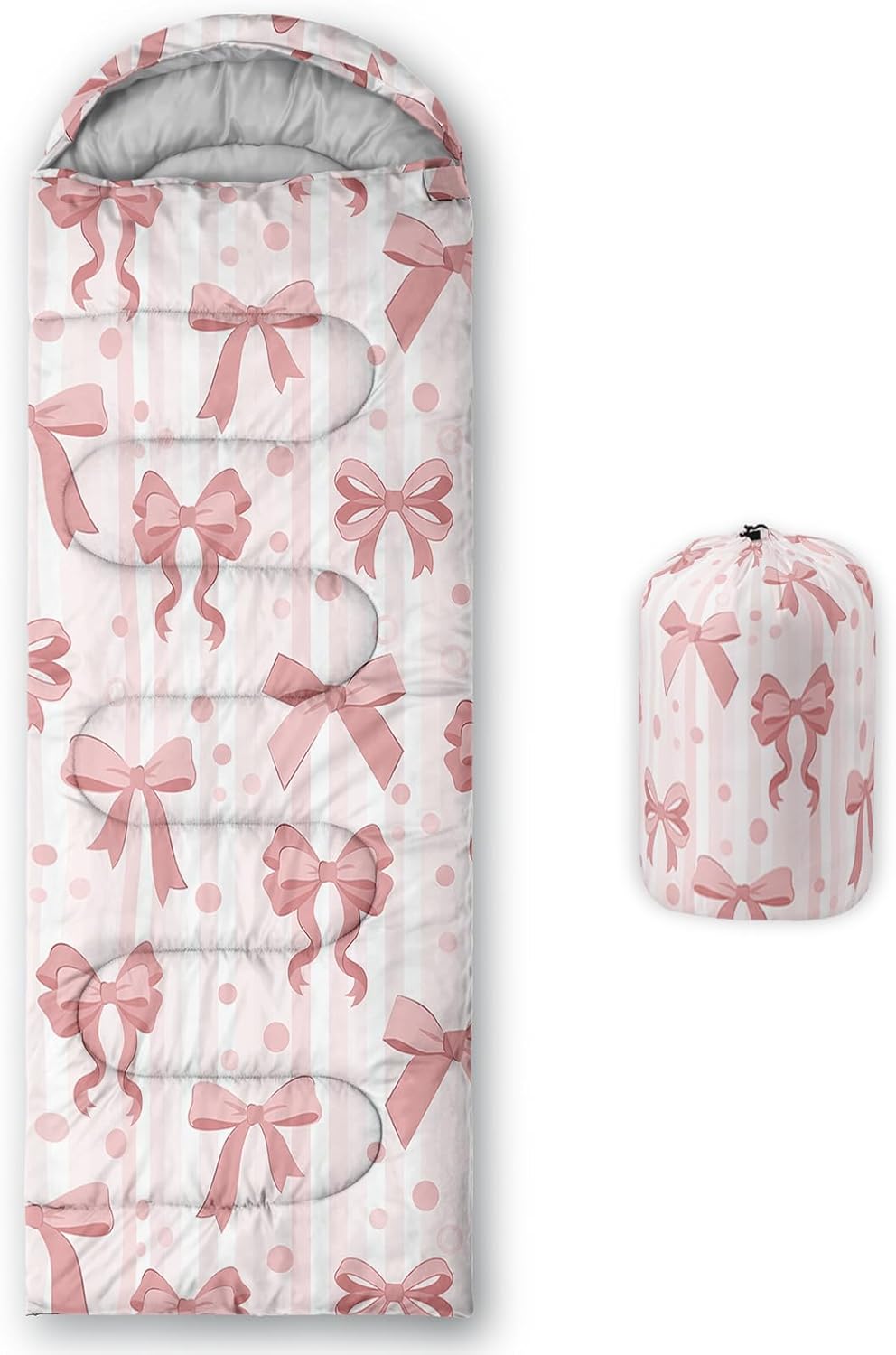 Pink Bow Sleeping Bag,Girly Princess Bowknot Camping Bag for Girls Kids,Pink and White Striped Lightweight Warm Portable Outdoor Indoor-Waterproof Cold Weather Resistant for Camping Hiking