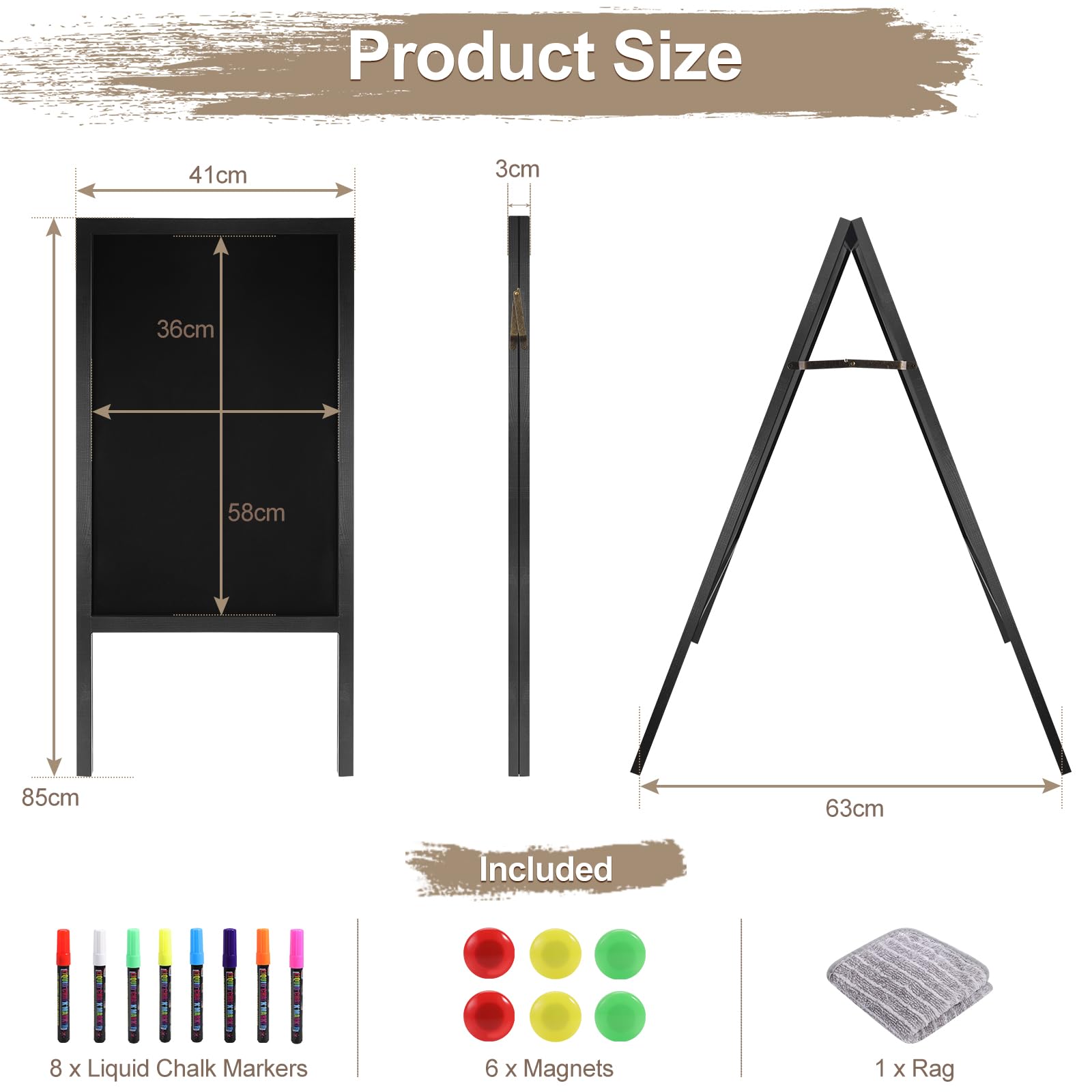 Chevalet Stop Trottoir 85x41 cm Tableau Noir Magnétique avec Support en Bois Pliable Panneau Publicitaire Extérieur avec 6 Aimants 8 Marqueurs 1 Effaceur pour Promotion Menu Bar Café Restaurant