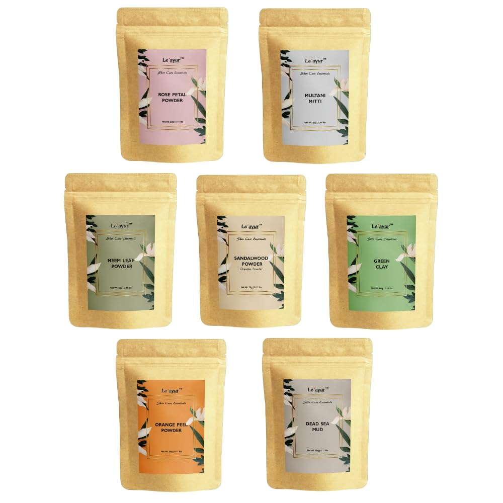 Le'ayur Skincare Combo Of Multani Mitti, Rose Petal, Orange Peel, Neem, Sandalwood, French Green Clay, Dead Sea Clay Powders 50-50 Grams Each