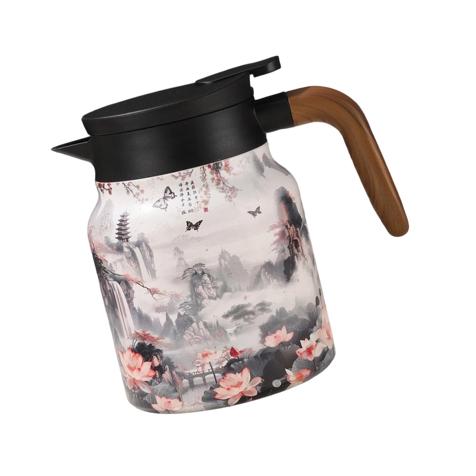 MALSSE Large Capacity Vintage Floral Thermal Pot 1000ml, Leakproof Stainless Steel with Detachable Filter & Wood Grip Insulated Teas Kettles with Strainer