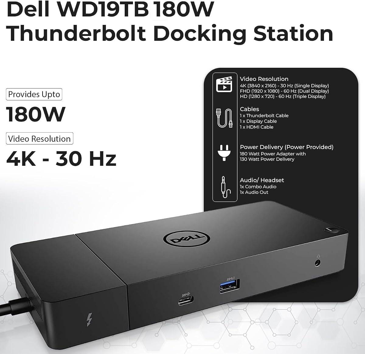 Dell WD19TB Thunderbolt Dock - 1 Year Warranty, Docking Station with 180W Adapter, HDMI, DisplayPort, Thunderbolt Cable, Cloth - Dell Docking Station Dual Monitor for Laptop & Computers (Renewed)