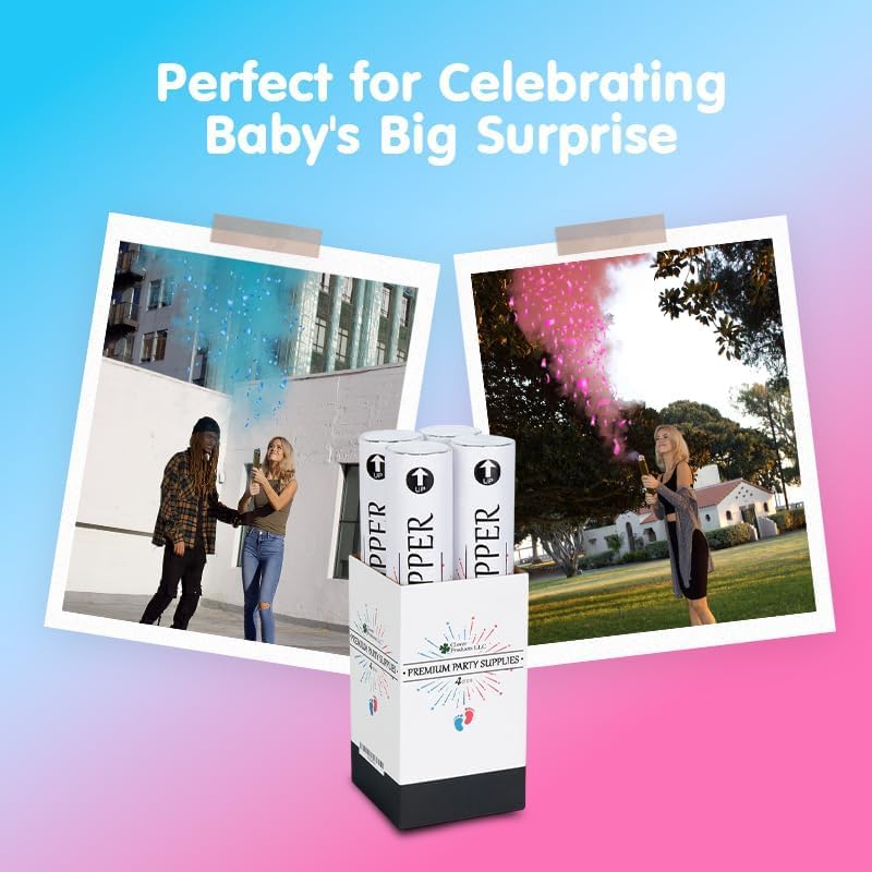 Clover Products Premium Gender Reveal Powder Cannon - 4-pak zawiera 2 niebieskie i 2 różowe | 30-centymetrowe zatrzaski ujawniające płeć | Zasilane sprężonym powietrzem | Każde pudełko zawiera DARMOWY