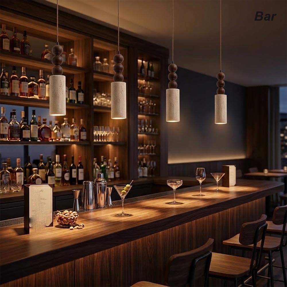 Luz Colgante Cilindro Travertino Madera, Lámpara Colgante para Bar