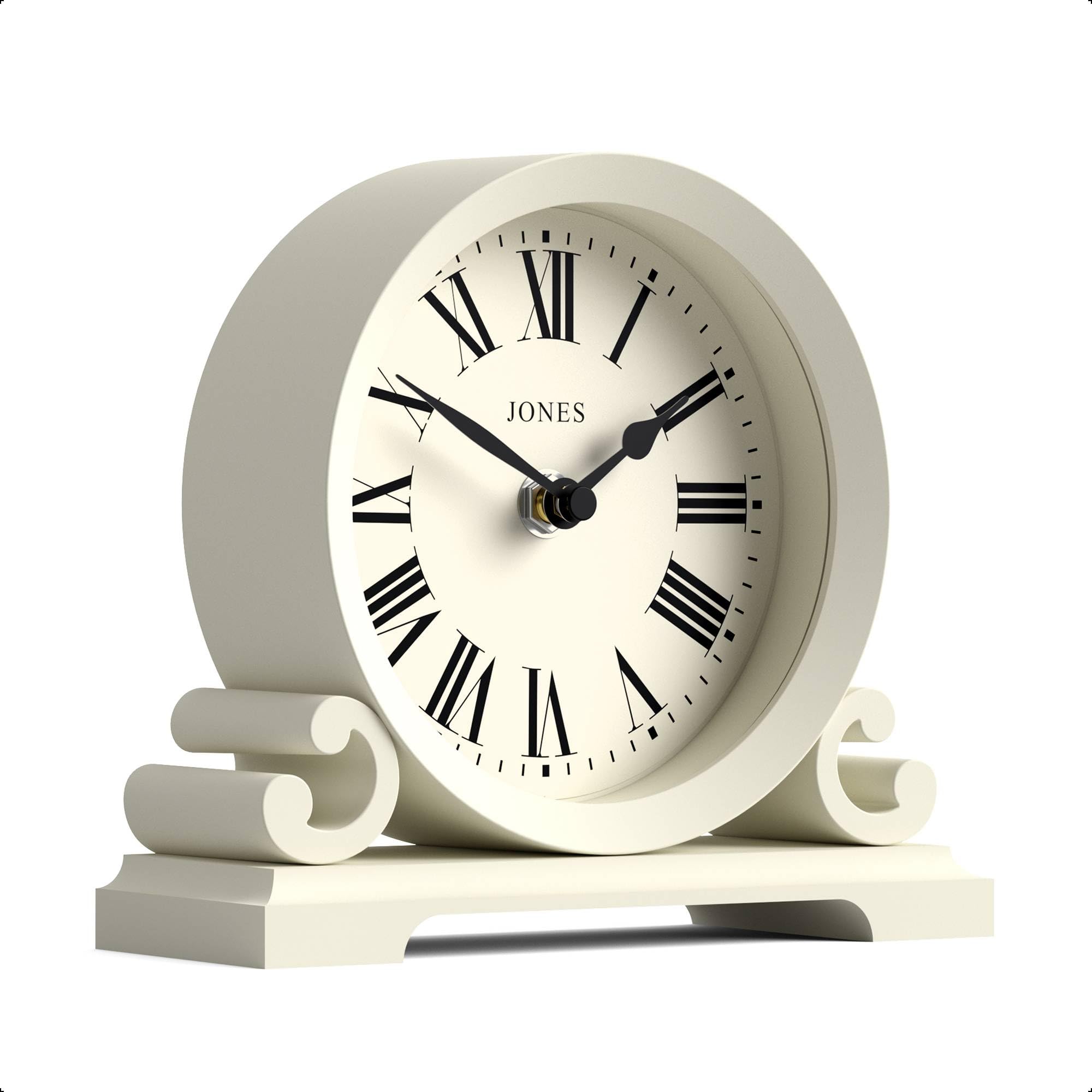 Jones Clocks White Jones Clocks® Saloon Mantel Clock | Small Traditional Double Scroll Design | Pale Cream | Roman Numerals | Classic Style For Desk, Table, Shelf Or Bedside