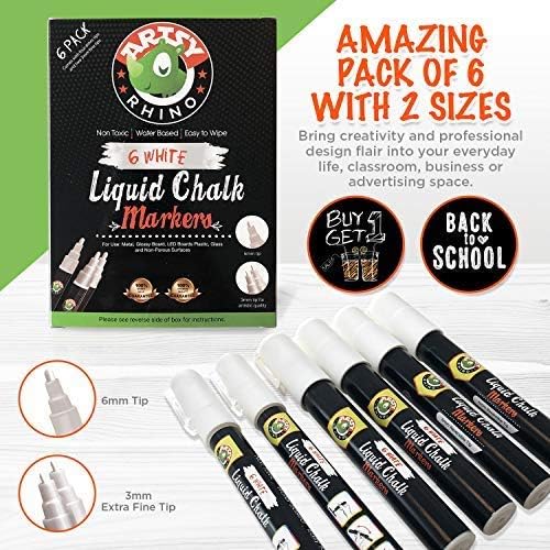 White Liquid Chalk Markers - 6 Pack With Both 6mm & 3mm Reversible Fine Tips | Chalkboard Safe Dustless Wet Erase Paint Pens | Blackboard, Glass & Windows, Bistro & Restaurant Menu Board Use, Kids Art