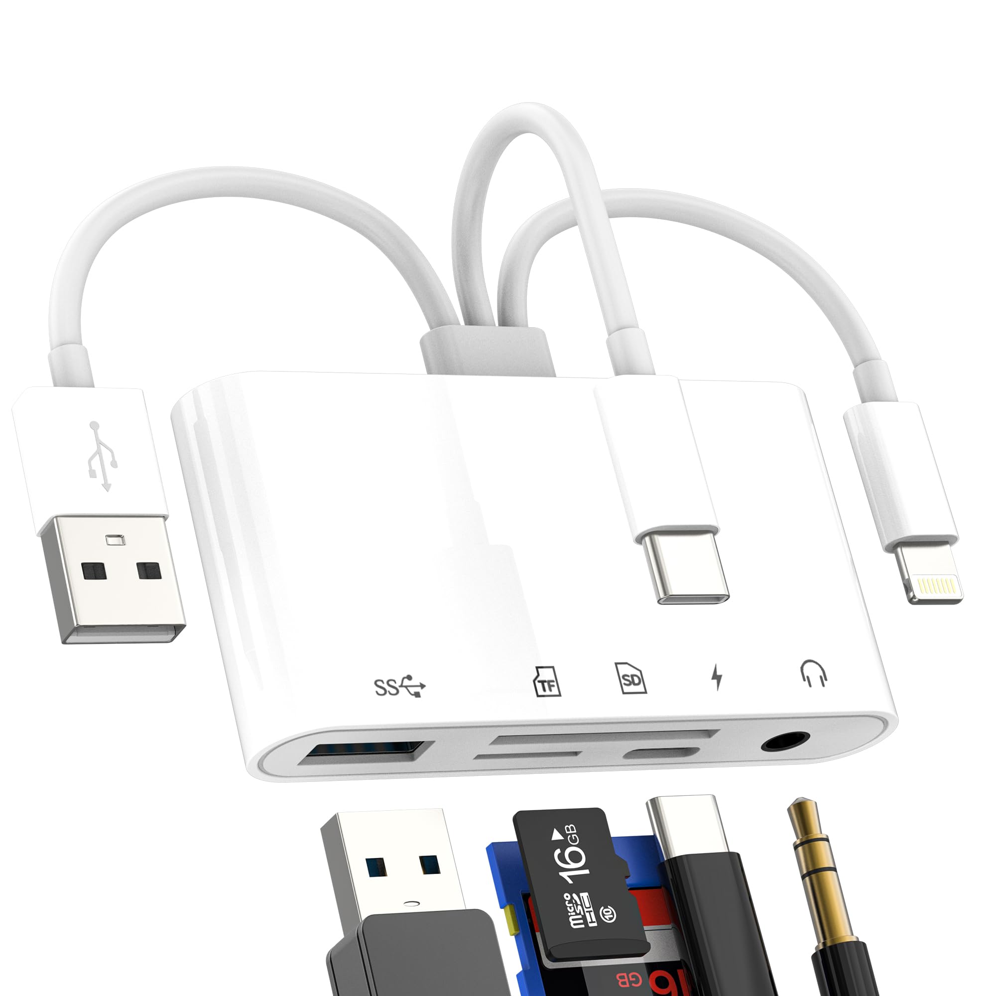 SD Card Reader to Lightning USB C USB Adapter for Iphone 17 16 15 14 13 Pro Max(5in3)3.5mm TF Digital Camera Accessorie Charger Splitter Macbook Thunderbolt Memoria Dual Computer Power Lighting Dongle-image-10