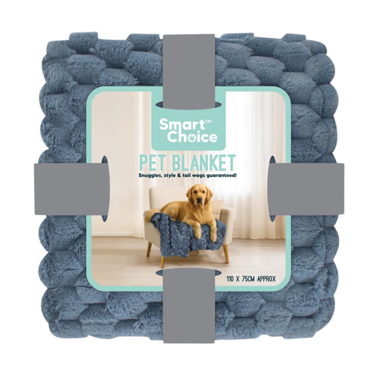 Smart Choice Faux Fur Pet Blanket 110 × 75 cm Textured Square Blue Throw with 180 gsm Velvet Backing - Soft Warm Reversible Dog & Cat For Home & Travel Furniture Cover