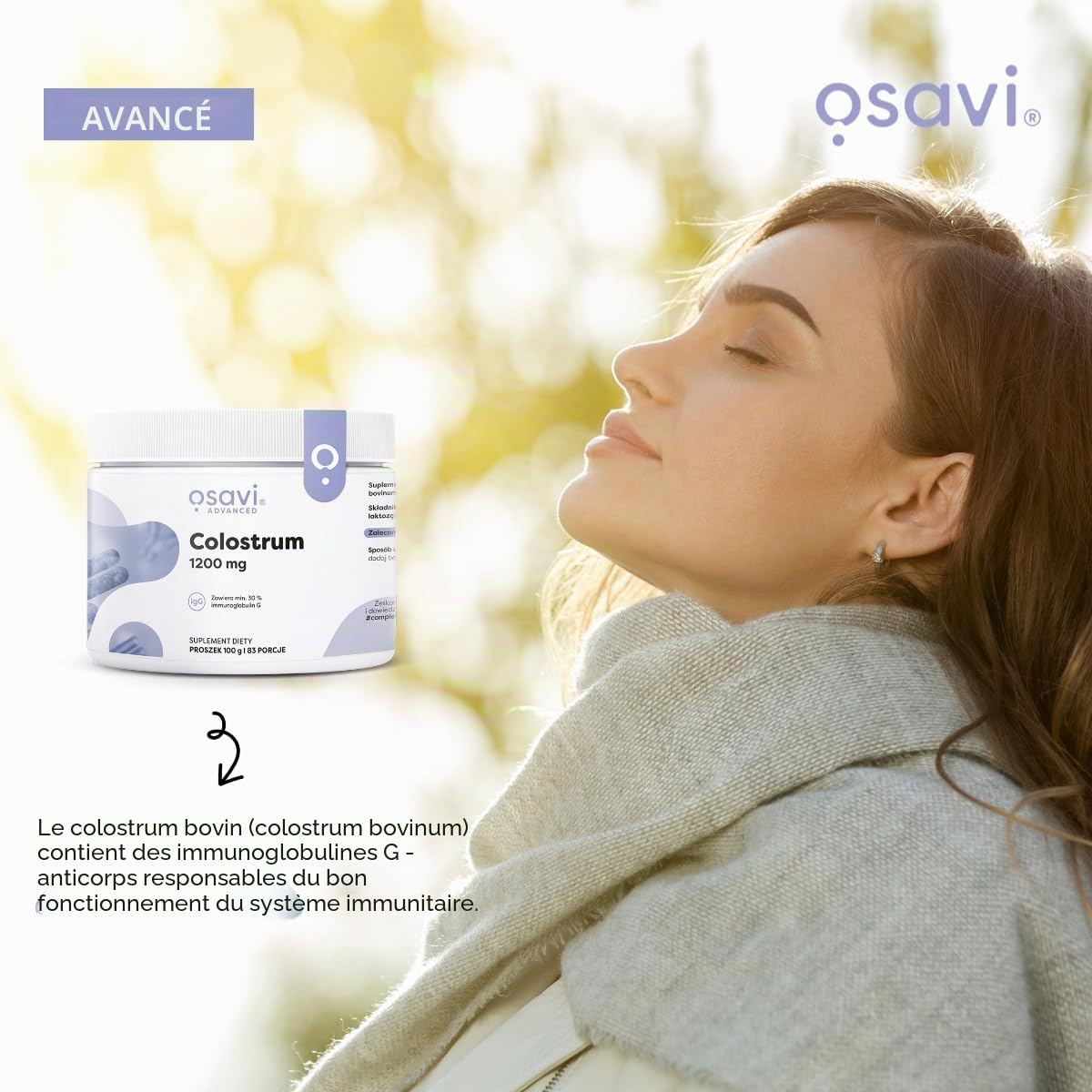 Osavi Colostrum 1200 mg - 100 g de poudre | Colostrum bovin riche en immunoglobulines G pour le soutien du système immunitaire | Renforce les défenses naturelles et améliore l'immunité