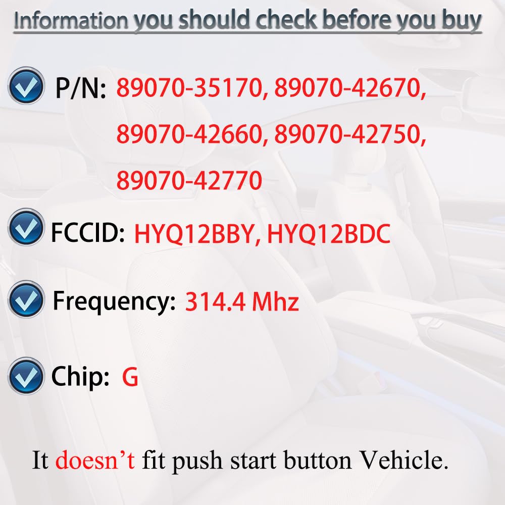 SUPALAND Key Fob Keyless Entry Fits for Toyota 4Runner 2010 2011 2012 2013 2014 2015 2016 2017 2018 / Rav4 2010-2012 / Yaris 2012-2014 Ignition Remote Head Key Replacement HYQ12BBY 89070-35170 G Chip