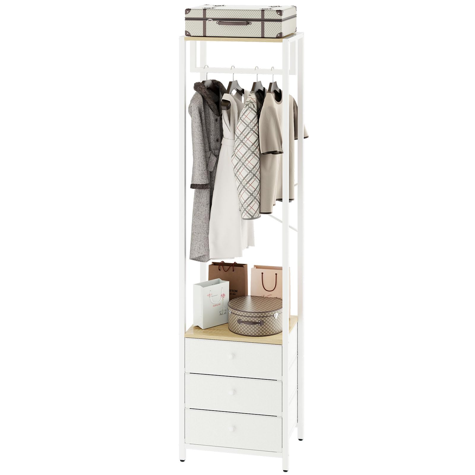 YMYNY Wieszak na ubrania z szufladą z włókniny, wolnostojący wysoki organizer do szafy, komoda stojąca na wysokie ubrania do sypialni, salonu, przedpokoju, 39 × 29 × 179 cm kolor drewna i biały