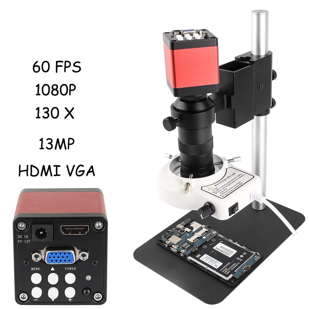 Microscopio Digitale Industriale Vga 1080P con Telecamera + Obiettivo C Mount 130X + Luce Ad Anello A 56 LED + Supporto per Riparazione Elettronica di Saldatura