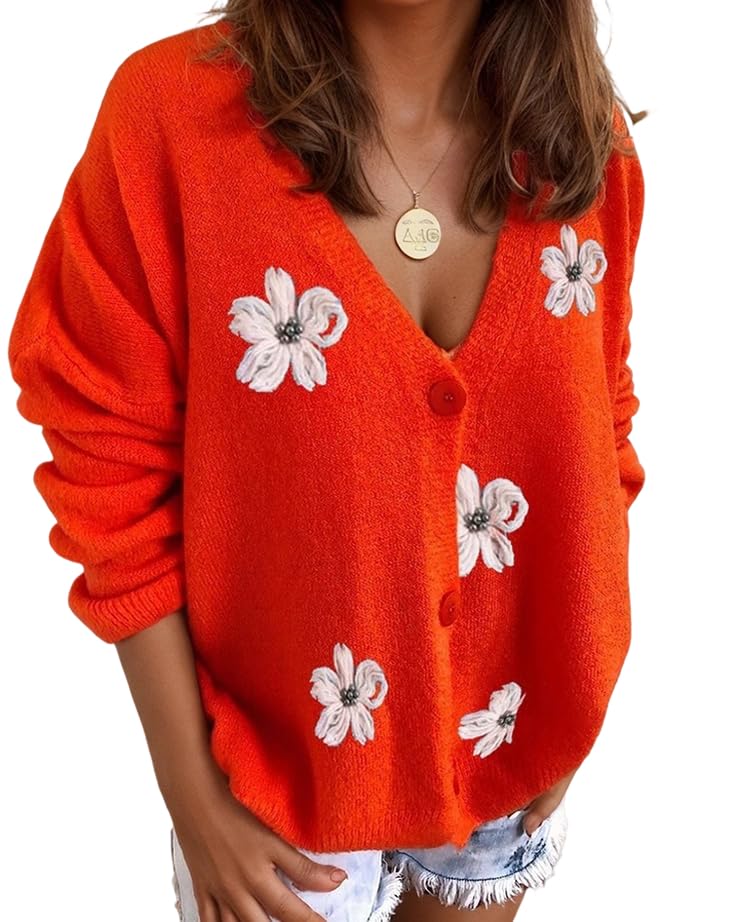 Women Oversized Daisy Floral Button Down Cardigan Sweater Fall Winter Boho Long Sleeve Aesthetic Knit Coat Outwear