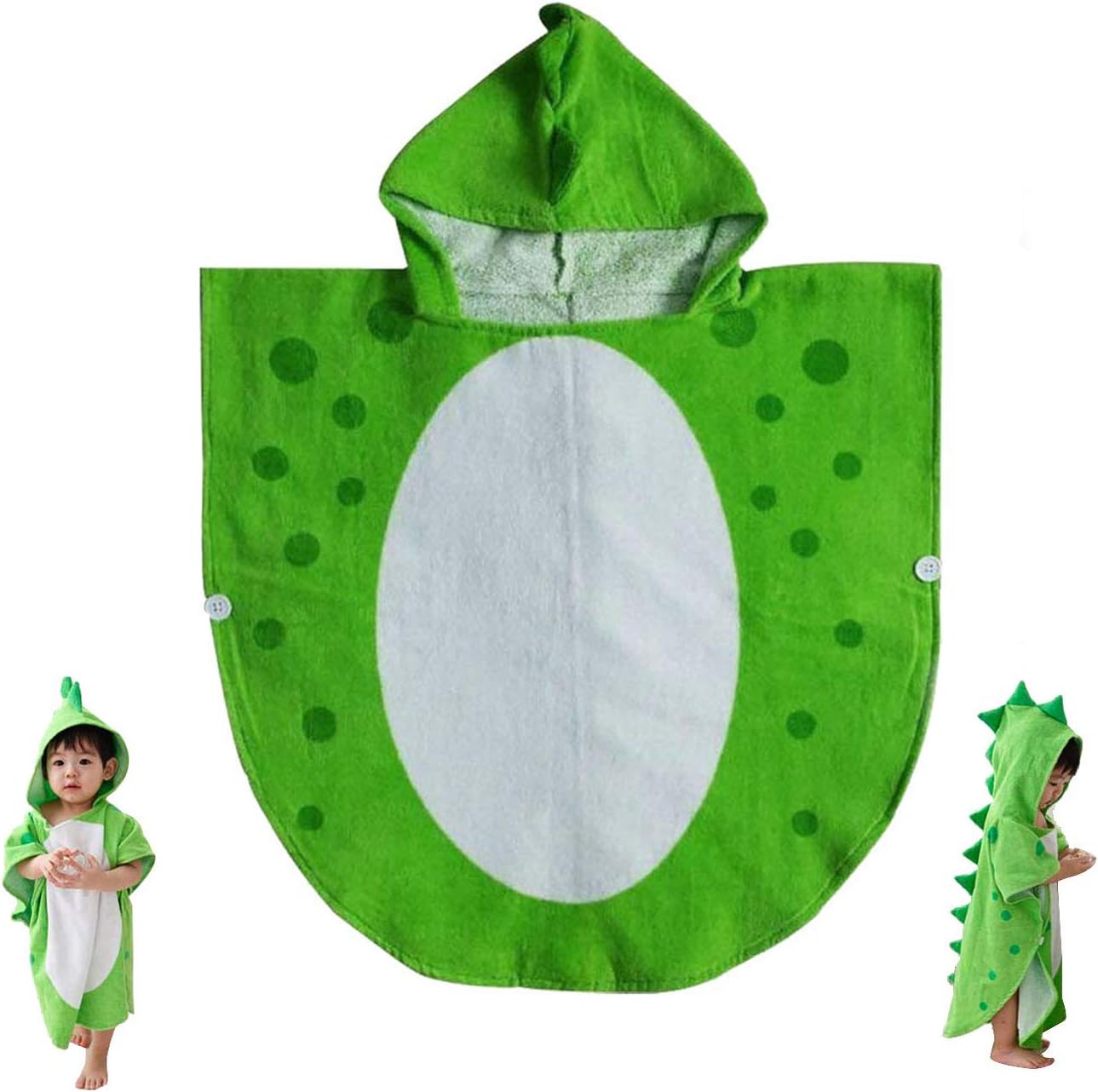 Children's Bath Towel, Baby Bathrobe, Cotton Dinosaur Pattern, Children's Bathrobe, Beach, Swimming, Hooded Poncho (Green)