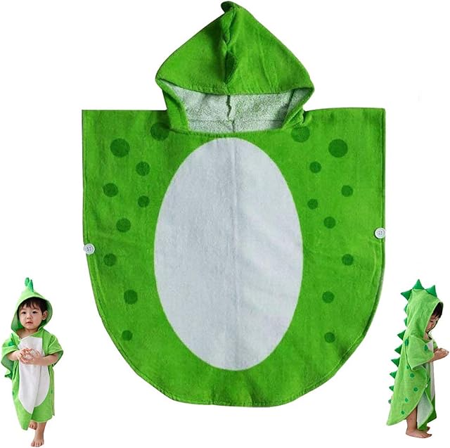 Children Bath Towel Baby Bathrobe Cotton Dinosaur Pattern Kids Robe Beach Swimming Hooded Poncho (Green)