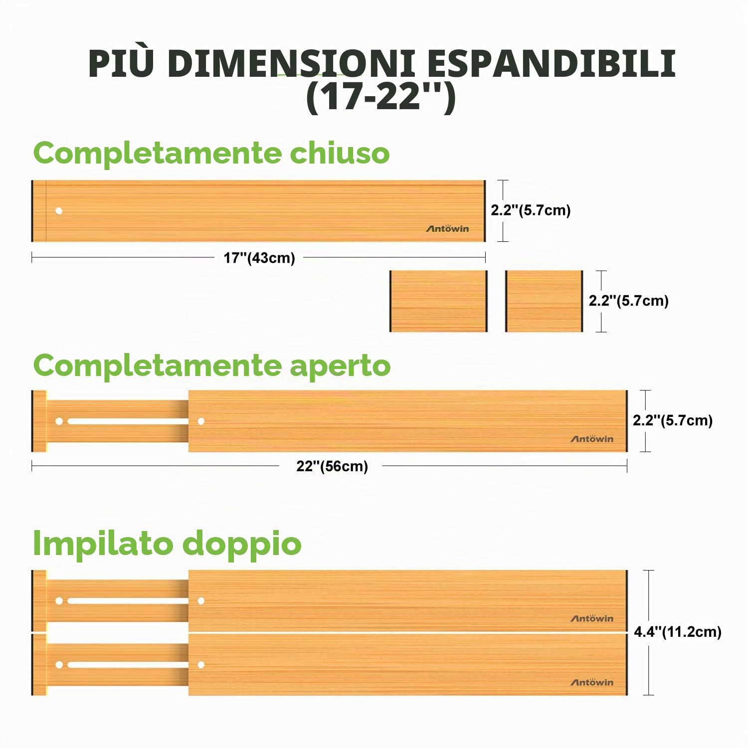 ANTOWIN Divisori per cassetti in bambù, espandibili (43-56 cm), organizer regolabile a molla per utensili grandi, vestiti, cassetti, set di 16 divisori per cassetti