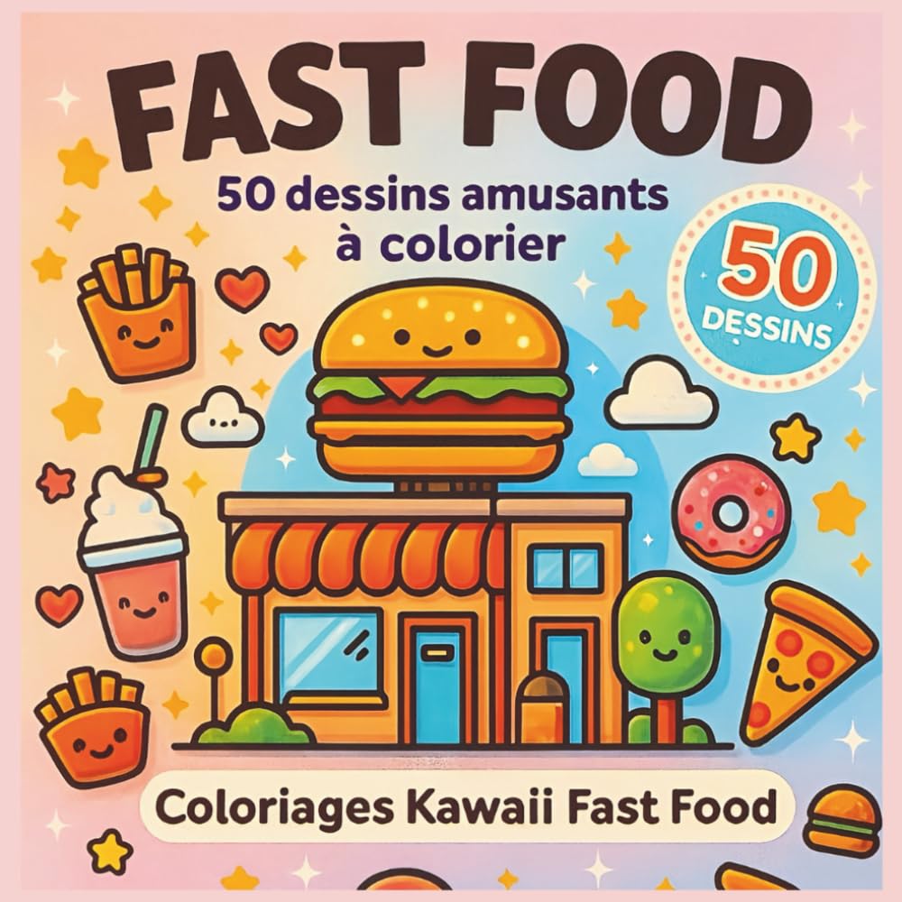 Fast Food coloriages kawai: 50 dessins amusants a colorier