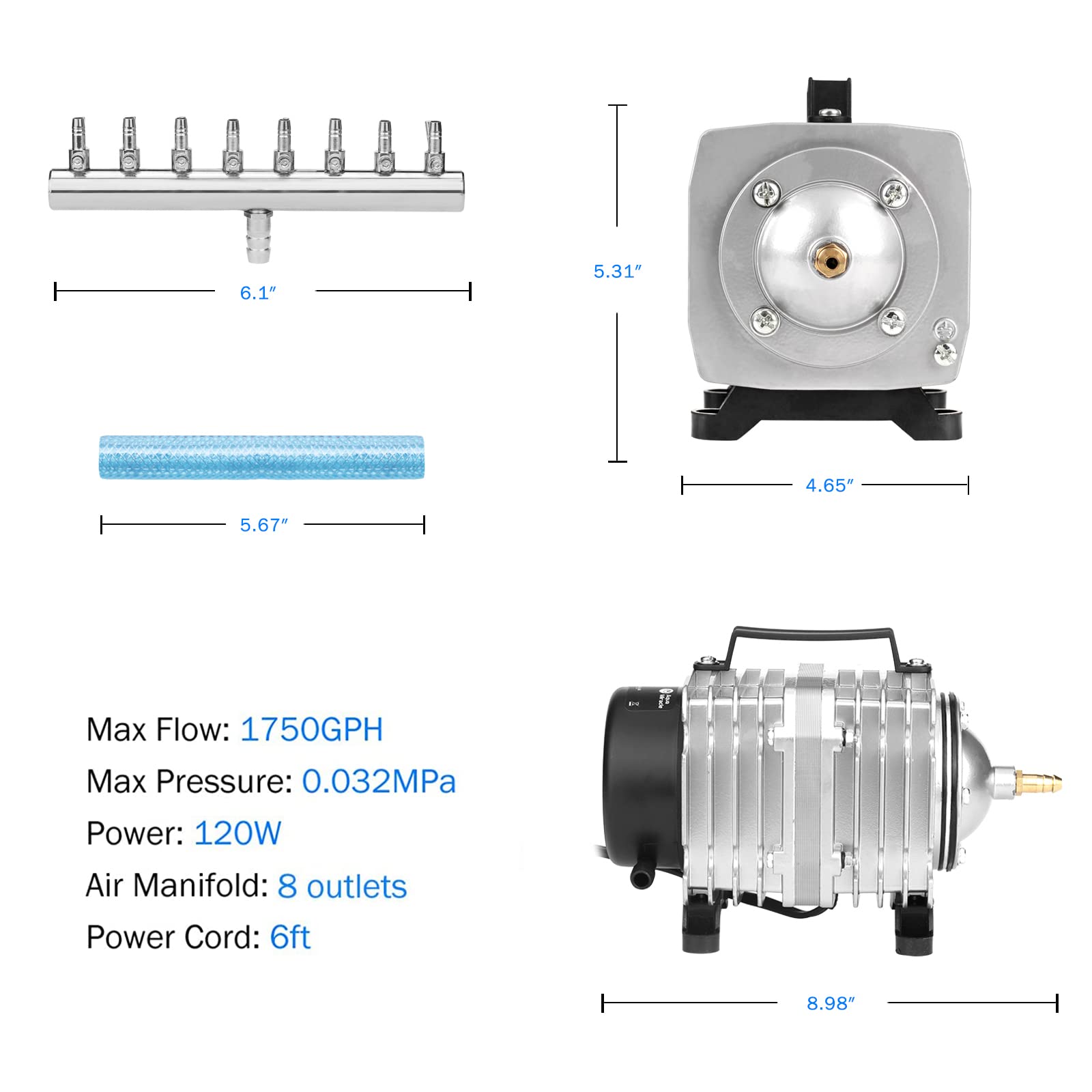 Aquarium Air Pump - AquaMiracle® Commercial Air Pump 600/1000/1200/1750GPH, 18W/35W/58W/120W Air Pump for Fish Tank, Hydroponic Air Pump, Fish Tank Air Pump Bubbler Pond Aerator