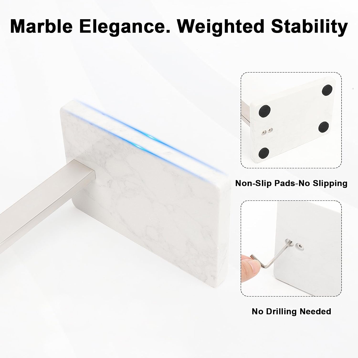 Hand Towel Holder Stand, 14.5" Hand Towel Rack with Weighted Marble Base, 304 Stainless Steel L-Shape Standing Towel Bar for Vanity Bathroom Kitchen Countertop (Brushed Nickel)