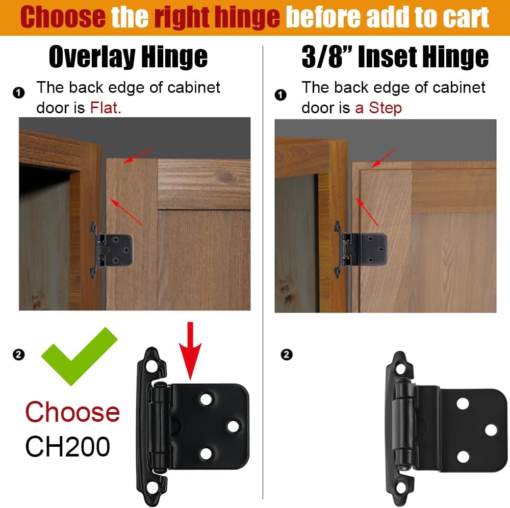 JQK 1/2 Inch Overlay Cabinet Door Hinges Black, 30 Pack 15 Pairs Flush Face Mount Cupboard Self-Closing Kitchen Cabinet Hinges with Door Bumper, CH200-BK-P30