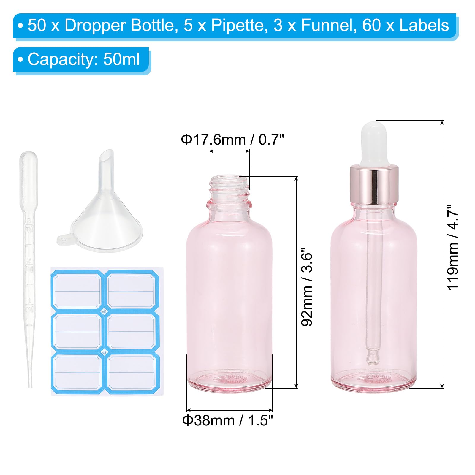 PATIKIL Frasco Gotero De Vidrio De 50ml, 50Pcs Frasco Gotero Antifugas Para Aceites Esenciales Muestras De Líquido Perfume Contenedor Con Pipeta Embudo Etiqueta Para Almacenamiento.