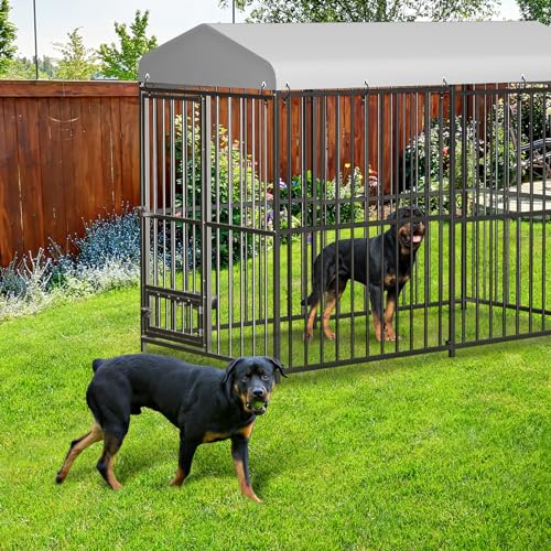 Large Outdoor Dog Kennel with Waterproof Cover, Large Dog House with Feeding Doors, Heavy Duty Dog Enclosures for Garden Backyard Courtyard（8×4×6FT）