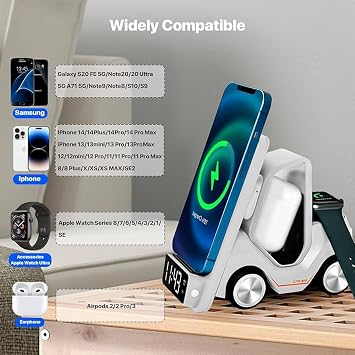 T20 15W 5’i 1 Arada Magsafe Kablosuz Şarj İstasyonu, Dijital Saatli Forklift Tasarım, iPhone 16/15/14/13/12, Apple Watch, AirPods Uyumlu Masaüstü Hızlı Şarj Standı (Beyaz)
