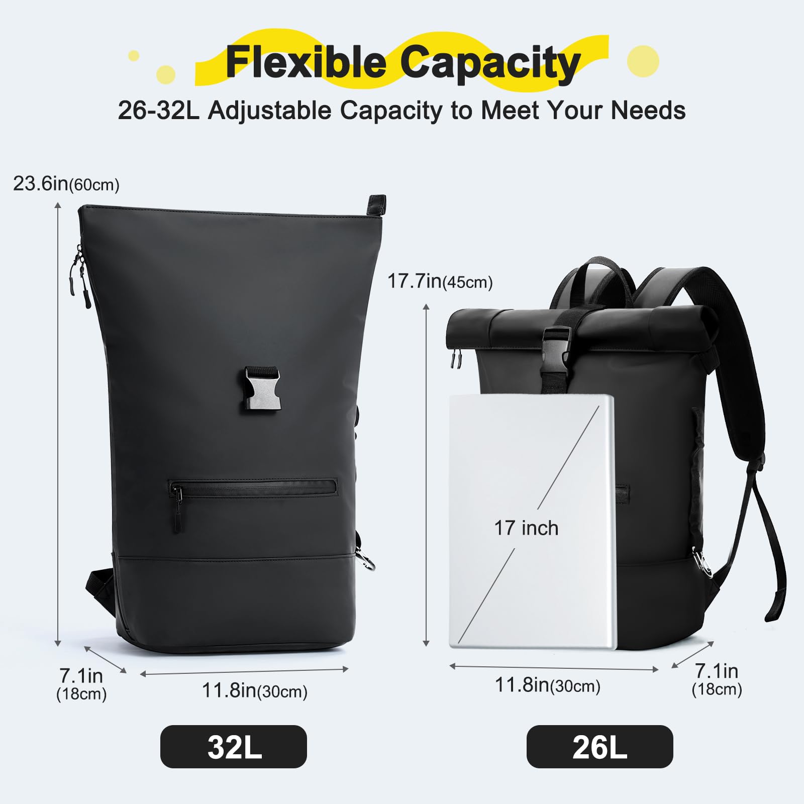 Sac a Dos Etanche pour Femmes et Hommes Rolltop sac à dos pour ordinateur portable sac à dos de voyage avec boucle d'escalade multifonctionnelle pour Voyages, Travail, College (Noir, XL)