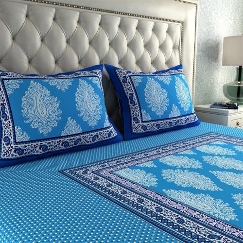 Image of La Verne 104 TC Cotton Double Bed Bedsheet Jaipuri Rajasthani Print Bedsheet with 2 Pillow Covers (Blue)